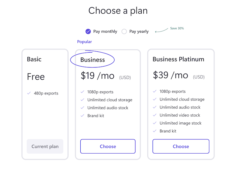 Clipchamp pricing table